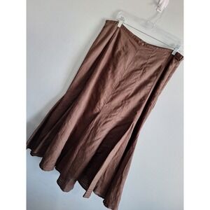 ECOLOGIE 100% Linen Fit Flare Maxi Skirt Womens 14 Brown‎ Ruffled Pleated Fairy